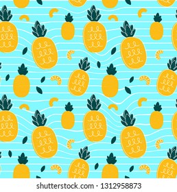 Pineapple hand drawing style beauty seamless pattern. Vector illustration color seamless pattern. Pineapple,abstract geometry line, tropical friut concept