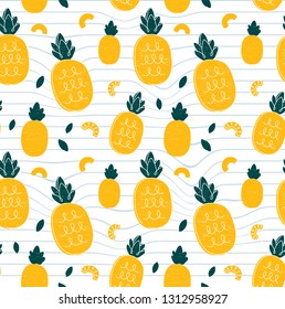 Pineapple hand drawing style beauty seamless pattern. Vector illustration color seamless pattern. Pineapple,abstract line, tropical friut concept