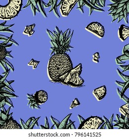 Pineapple hand drawn frame vector illustration. Fruit and leaf sketch drawing. Linocut floral elements for design.
