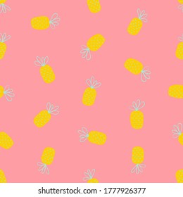 Pineapple hand drawn on pink pastel background. Seamless vector illustration.