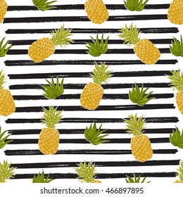 Pineapple hand drawn sketch striped Seamless Pattern. Vector Illustration