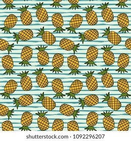 Pineapple hand drawn summer seamless pattern with stripes