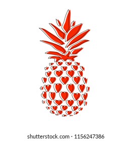 Pineapple. Hand drawn vector illustration isolated on white, logo, t-shirt design. Template for Valentine's day cards.