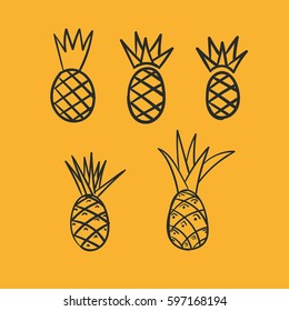 Pineapple Hand Drawn Vector Isolated Set