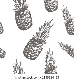 Pineapple hand drawn vector seamless pattern. Retro engraved style background for menu, fabric, wallpaper, packaging. Vector sketch, tropical exotic fruit.