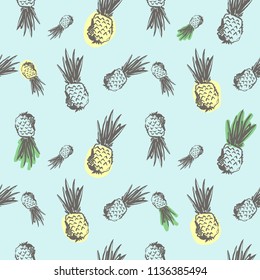 Pineapple hand drawn vector seamless pattern. Retro engraved style background for menu, fabric, wallpaper, packaging. Vector sketch, tropical exotic fruit.
