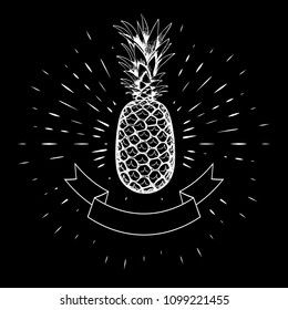 Pineapple hand drawn, white contour on the background of linear rays. Calligraphy. Ribbon, flag. For design of posters, banners, logos. Black background. 10 eps