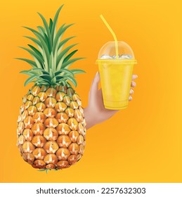 Pineapple with a hand holding a glass of pineapple juice