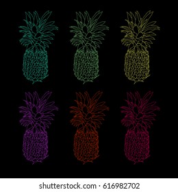 Pineapple hand-drawn line of neon colors on a black background. Red, yellow, green, blue, purple and bright pink.