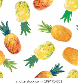 Pineapple hand-painted, all over textile pattern, vintige style. Seamless background. Summer time.