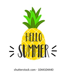 pineapple and handwritten letter hello summer, vector illustration, lettering
