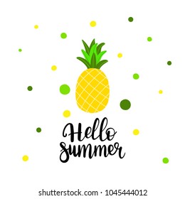 pineapple and handwritten letter hello summer, vector illustration, lettering