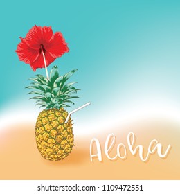 Pineapple has a sucker tube.The top is red hibiscus flower.the beach background.Vector illustration Minimal summer concept.