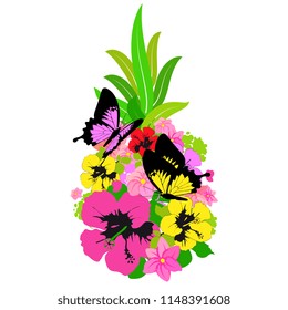 Pineapple with Hawaiian flowers, exotic fruit, isolated on a white