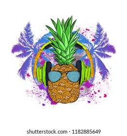  A pineapple in headphones against the background of palm trees. Can be used for printing on T-shirts, flyers, etc. Vector illustration