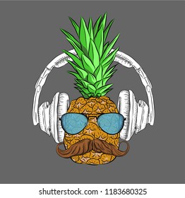  A pineapple in headphones against  and glasses . Can be used for printing on T-shirts, flyers, etc. Vector illustration
