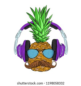 A pineapple in headphones against  and glasses . Can be used for printing on T-shirts, flyers, etc. Vector illustration