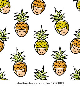 Pineapple. Healthy food .Emoji Emoticon. Characters for kids coloring book, t-shirt, icon, logo, label, sticker. Vector seamless pattern for textile, print, fabric,backdrop,wallpaper, background.