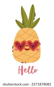 Pineapple in heart shaped glasses. Funny summer picture. Hello inscription. 