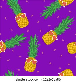 Pineapple with heart sunglasses seamless pattern. Vector background. Wrapping paper template.