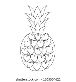 Pineapple with hearts. Pineapple vector illustration isolated on white. Hand drawn vector linear illustration for logo, tattoo, bag or t-shirt decoration.