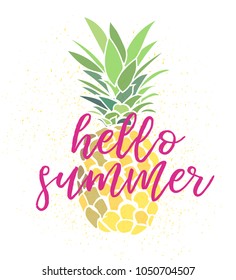 pineapple hello summer illustration. tropical exotic fruit greeting card. summer vacation. 