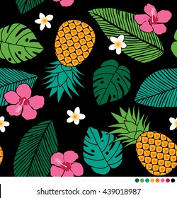 Pineapple, hibiscus, frangipani and leaf seamless pattern vector