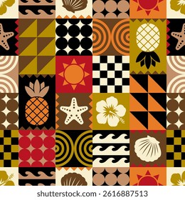 Pineapple, hibiscus, starfish, seashell, sun and geometric elements with square pattern design for summer holidays background.