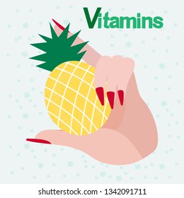pineapple hold in the palm of your hand on the background of the inscription vitamins