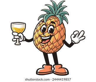 Pineapple holding a glass of drink cartoon mascot illustration character vector clip art hand drawn