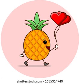 pineapple holding a heart-shaped balloon that is giving a surprise on valentine's day