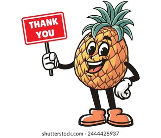 Pineapple holding thank you sign board cartoon mascot illustration character vector clip art hand drawn