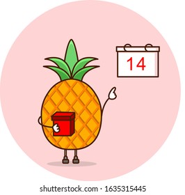 the pineapple holds a gift and points to the calendar that the 14th is valentine's day