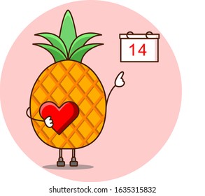 pineapple holds a heart by pointing to the calendar that the present day is valentine