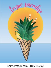 pineapple ice cream on the beach background. tropic paradise slogan for summer designs. fruit and ice cream concept.