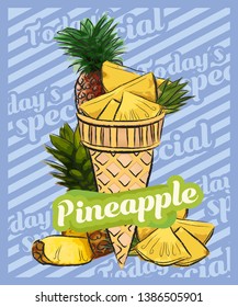 Pineapple ice cream scoop in cone. Vector sketch illustration. Fruit ice cream idea, concept