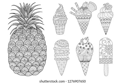Pineapple and ice cream set for coloring book, coloring page,colouring picture and other design element. Vector illustration.