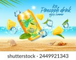 Pineapple ice drink, fruit juice can with cubes on summer beach background. Vector 3d pineapple slices, ice and green leaves with realistic tin can of tropical fruit soft beverage, sand beach and palm