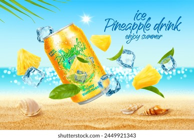 Pineapple ice drink, fruit juice can with cubes on summer beach background. Vector 3d pineapple slices, ice and green leaves with realistic tin can of tropical fruit soft beverage, sand beach and palm