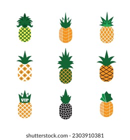 Pineapple Icon, Ananas Silhouette, Comosus Tropical Fruit Design, White Black Pine Apple Symbol Isolated, Vector Illustration