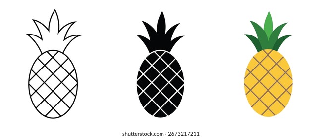 Coleção de ícones de abacaxi em estilo preenchido e traçado, Contorno, glifo preto, cor plana e cor de linha preenchida, conjunto de símbolos de ícone, conceito de fruta, Abacaxi