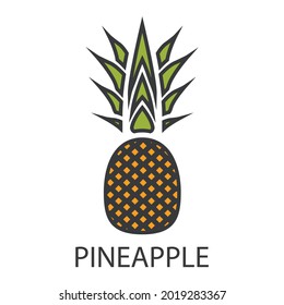 The pineapple icon with the inscription. A delicious yellow fruit with green foliage and a gray outline. A product that causes an allergic reaction. Vector illustration isolated on a white background 