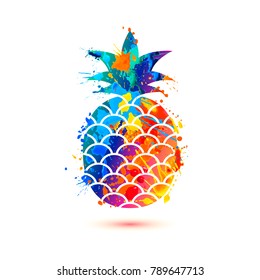 Pineapple icon on white background. Vector watercolor splash paint fruit symbol