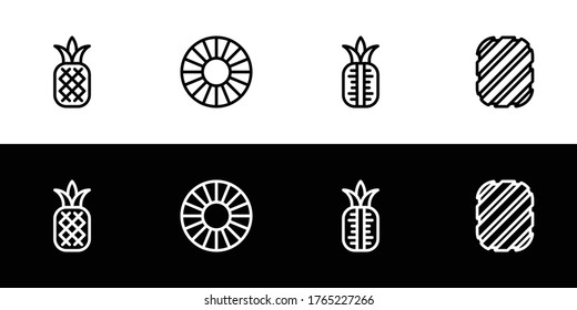 Pineapple icon set. Flat design icon collection isolated on black and white background. Fruit cut.