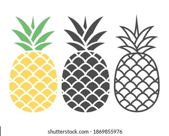 Pineapple icon set. Healthy fruit food collection isolated on white. Vector tropical illustration.