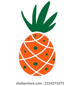 Pineapple icon, whole fruit isolated on  white background. For web, print, product, package, cosmetic, food design, logo. Orange, green colors. Exotic, Tropical fruit. Vector flat illustration.