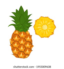 Pineapple icon. Whole fruit and wedges. Sweet food for a healthy diet, dessert, snack. Exotic fruit. Elements for summer design. Source of vitamin C. Vector flat illustration