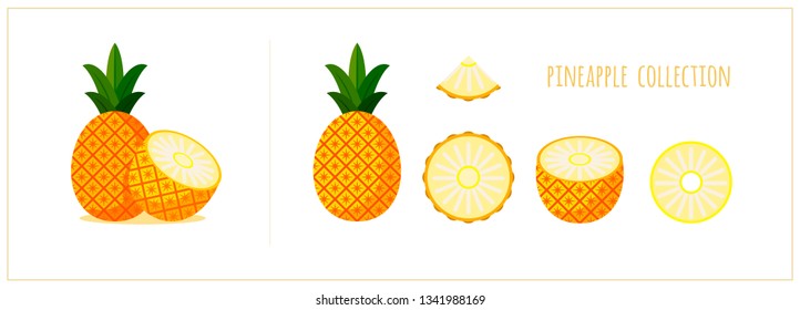 Pineapple icons set in cartoon flat style. Fresh, sweet and exotic fruit. Whole, half, sliced pineapple and ananas isolated on white background. Fruit vector illustration. EPS10