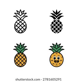 Pineapple icons set, line art and filled styles, farmers market label, juice bar poster, summer festival banner, tropical vector design