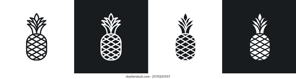 Pineapple icons vectors set in black. line and flat versions